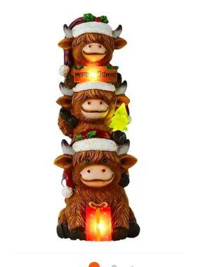 Merry Christmas Highland Cow LED Solar-Powered Holiday Decoration 12.2" Festive